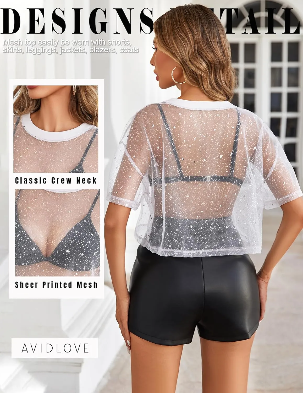 Avidlove Women's Mesh Tops See Through Shirts Short Sleeve Printed Crop Top Sheer Blouse Clubwear S-XXL