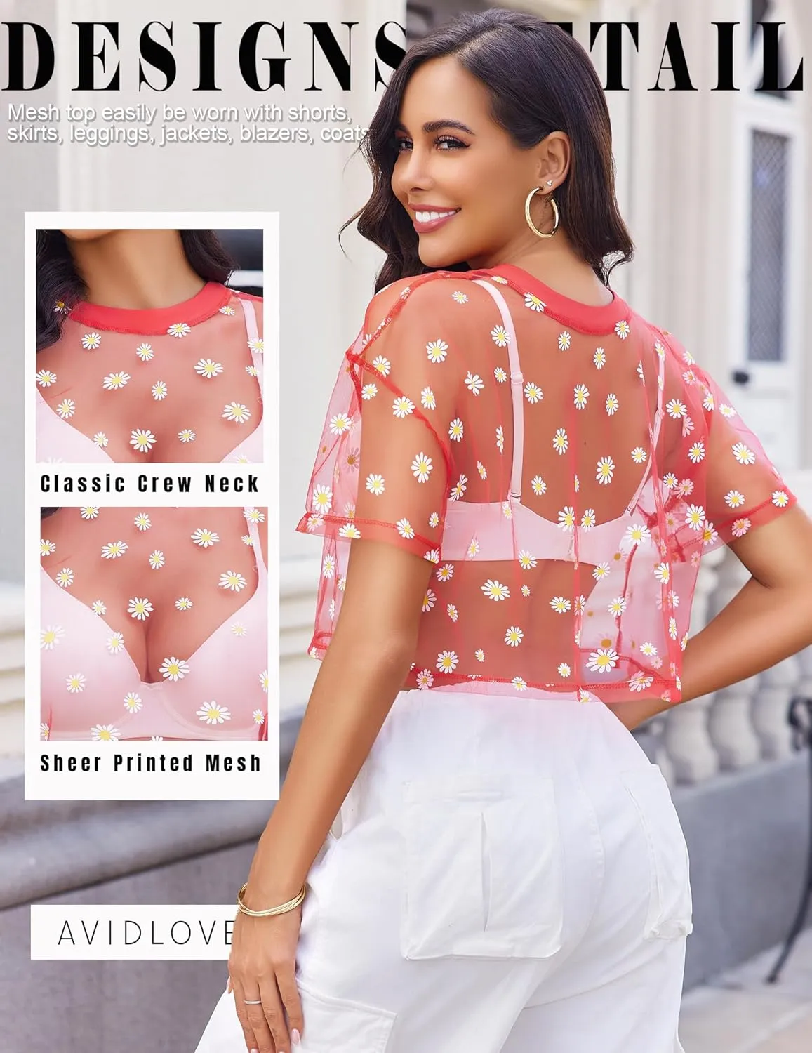 Avidlove Women's Mesh Tops See Through Shirts Short Sleeve Printed Crop Top Sheer Blouse Clubwear S-XXL