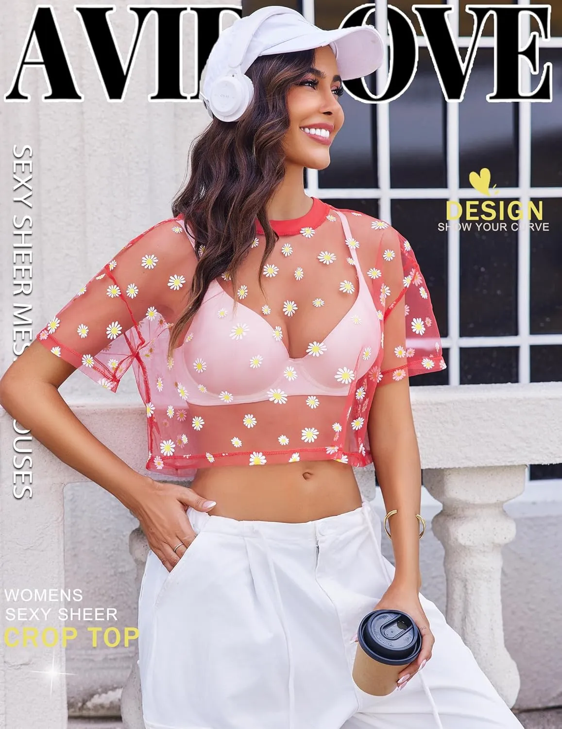 Avidlove Women's Mesh Tops See Through Shirts Short Sleeve Printed Crop Top Sheer Blouse Clubwear S-XXL