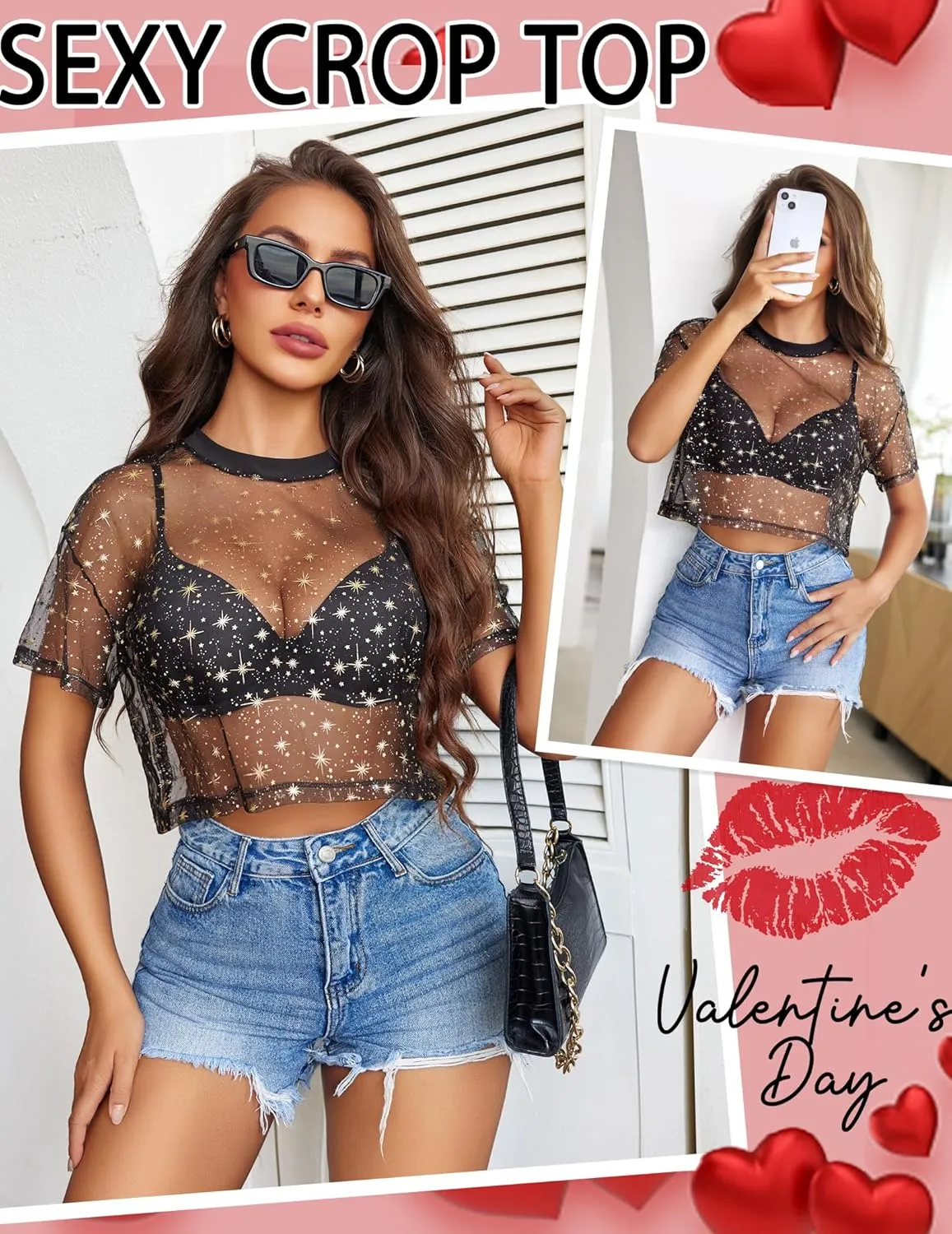 Avidlove Women's Mesh Tops See Through Shirts Short Sleeve Printed Crop Top Sheer Blouse Clubwear S-XXL