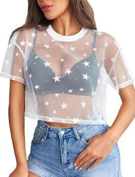 Avidlove Women's Mesh Tops See Through Shirts Short Sleeve Printed Crop Top Sheer Blouse Clubwear S-XXL