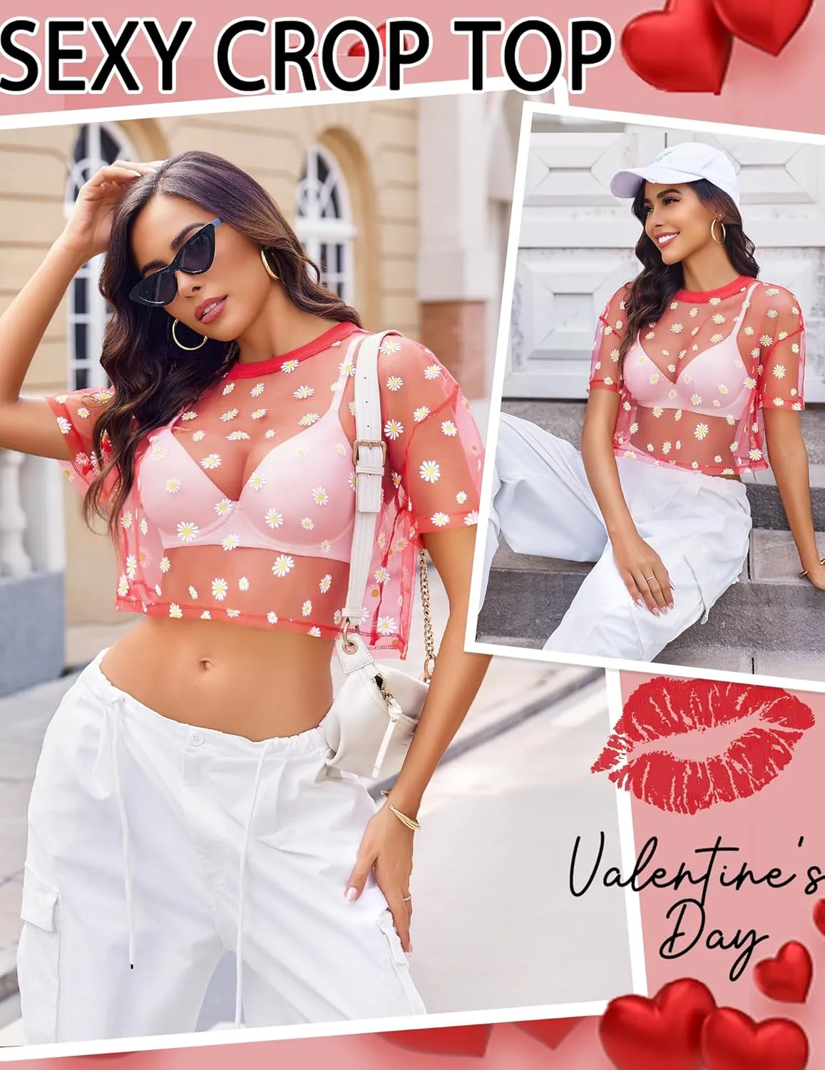 Avidlove Women's Mesh Tops See Through Shirts Short Sleeve Printed Crop Top Sheer Blouse Clubwear S-XXL