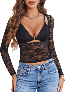 Avidlove Women's Sheer Mesh Long Sleeve Crop Top Slim Fit Shirt Sexy Bralette and Lace Top Set