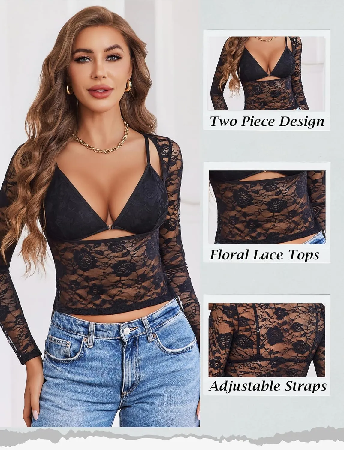 Avidlove Women's Sheer Mesh Long Sleeve Crop Top Slim Fit Shirt Sexy Bralette and Lace Top Set