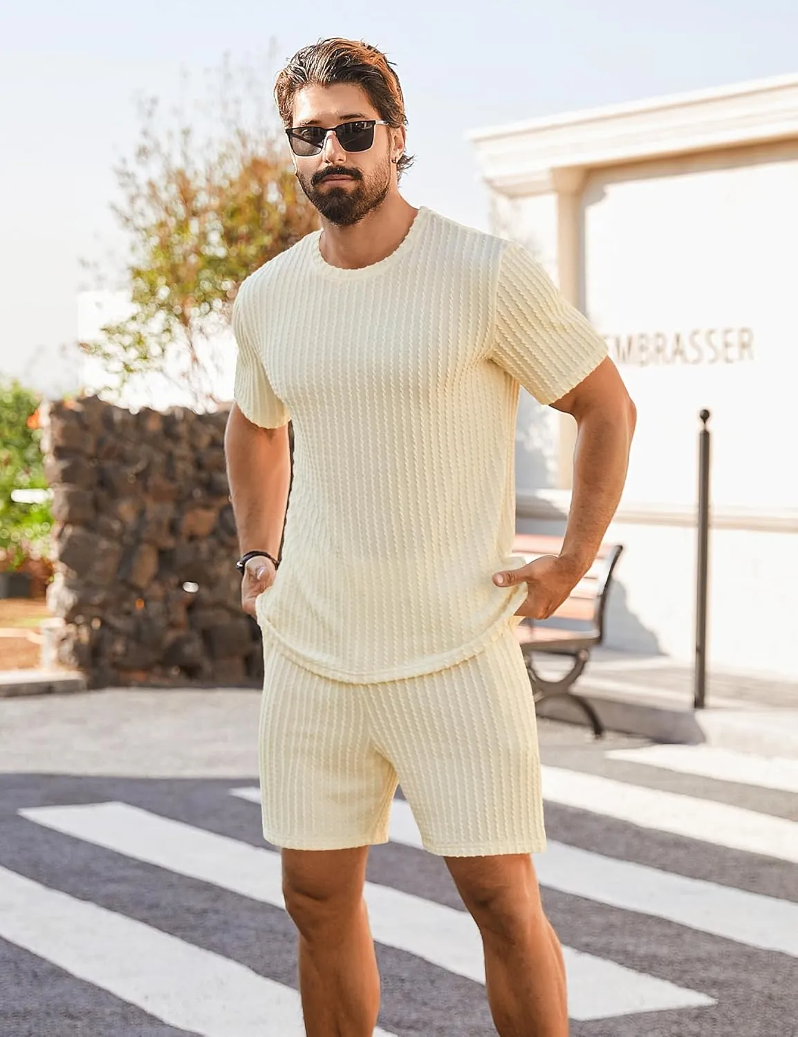 Babioboa Men's Short Sets 2 Piece Outfits Crewneck Summer T Shirt and Matching Knitted Shorts Tracksuit Sets with Pockets