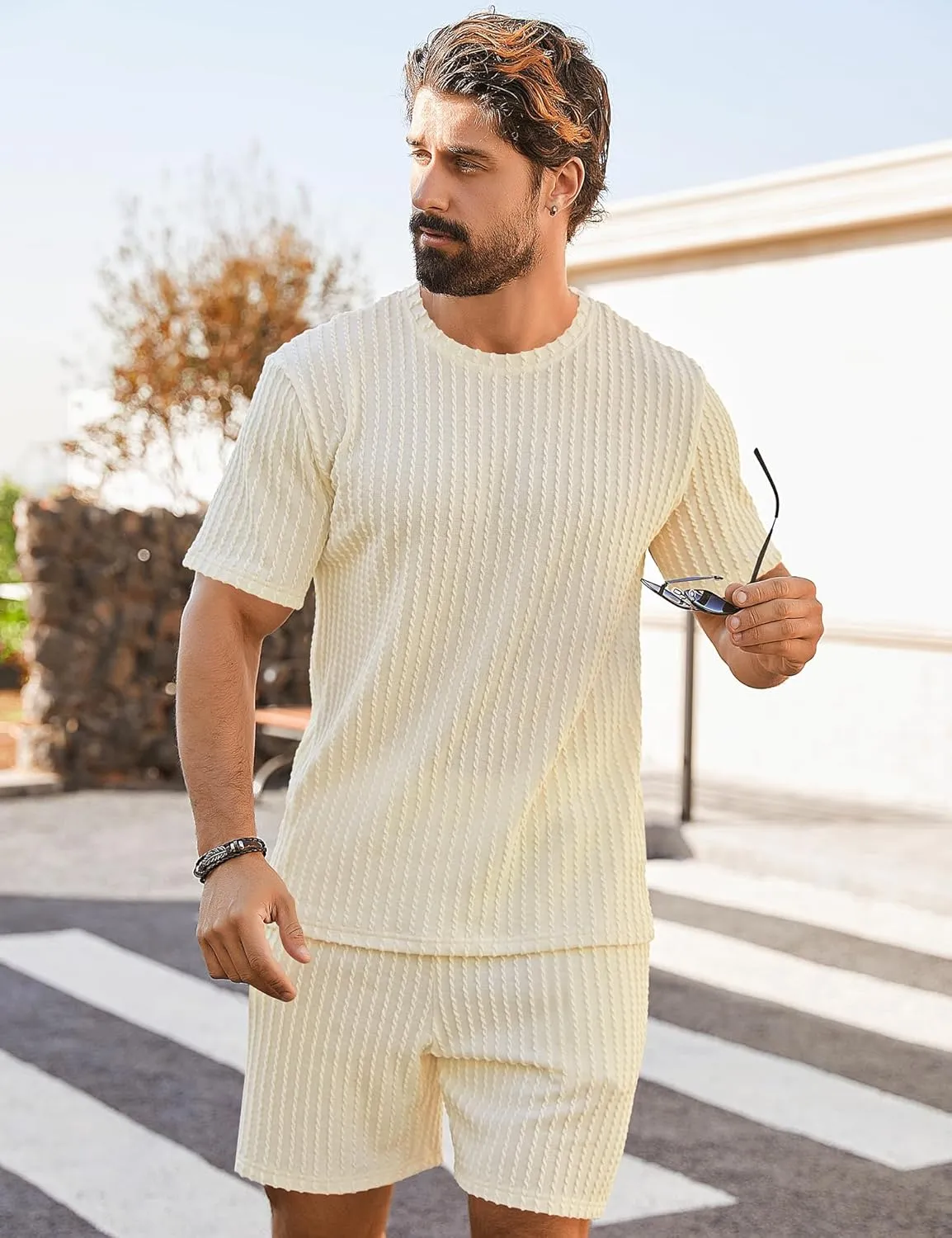 Babioboa Men's Short Sets 2 Piece Outfits Crewneck Summer T Shirt and Matching Knitted Shorts Tracksuit Sets with Pockets