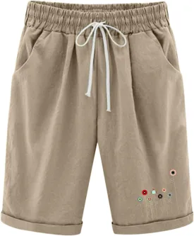 Bermuda Shorts for Women Knee Length Cotton Linen Elastic Waist Drawstring Shorts Summer Capris Pants with Pockets