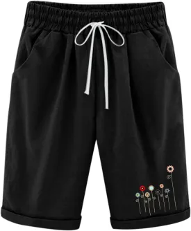 Bermuda Shorts for Women Knee Length Cotton Linen Elastic Waist Drawstring Shorts Summer Capris Pants with Pockets