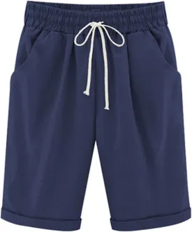 Bermuda Shorts for Women Knee Length Cotton Linen Elastic Waist Drawstring Shorts Summer Capris Pants with Pockets