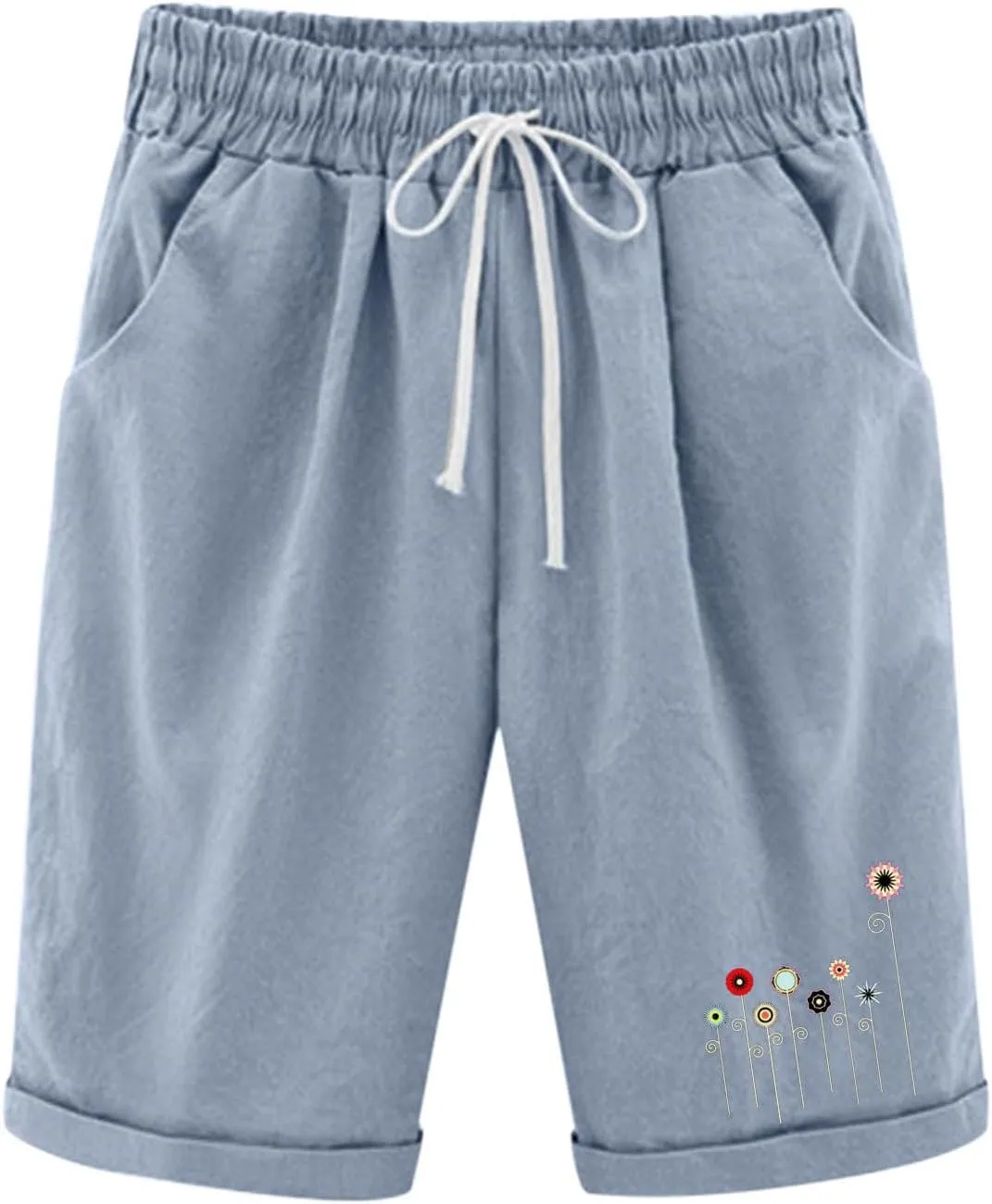 Bermuda Shorts for Women Knee Length Cotton Linen Elastic Waist Drawstring Shorts Summer Capris Pants with Pockets