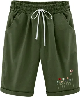 Bermuda Shorts for Women Knee Length Cotton Linen Elastic Waist Drawstring Shorts Summer Capris Pants with Pockets
