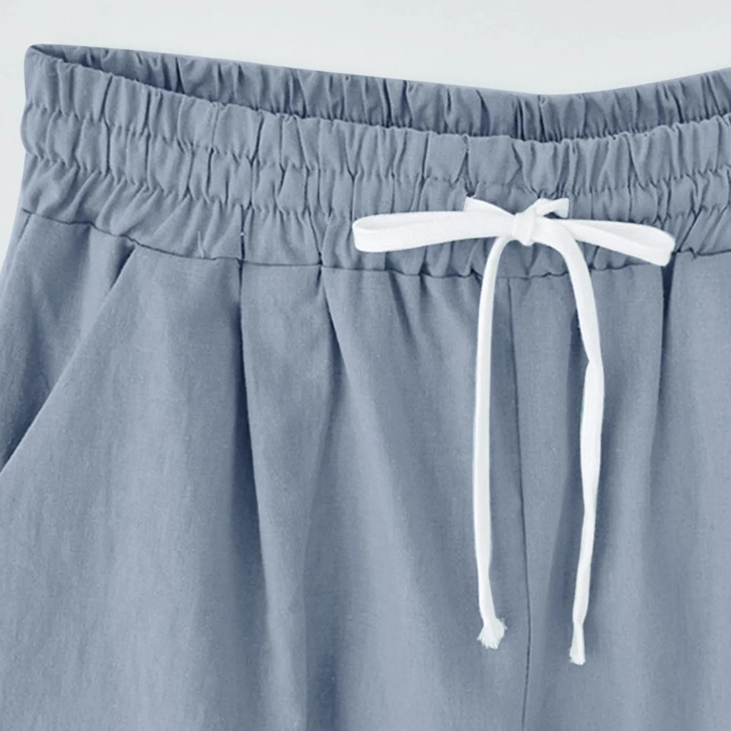 Bermuda Shorts for Women Knee Length Cotton Linen Elastic Waist Drawstring Shorts Summer Capris Pants with Pockets