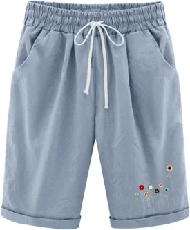 Bermuda Shorts for Women Knee Length Cotton Linen Elastic Waist Drawstring Shorts Summer Capris Pants with Pockets