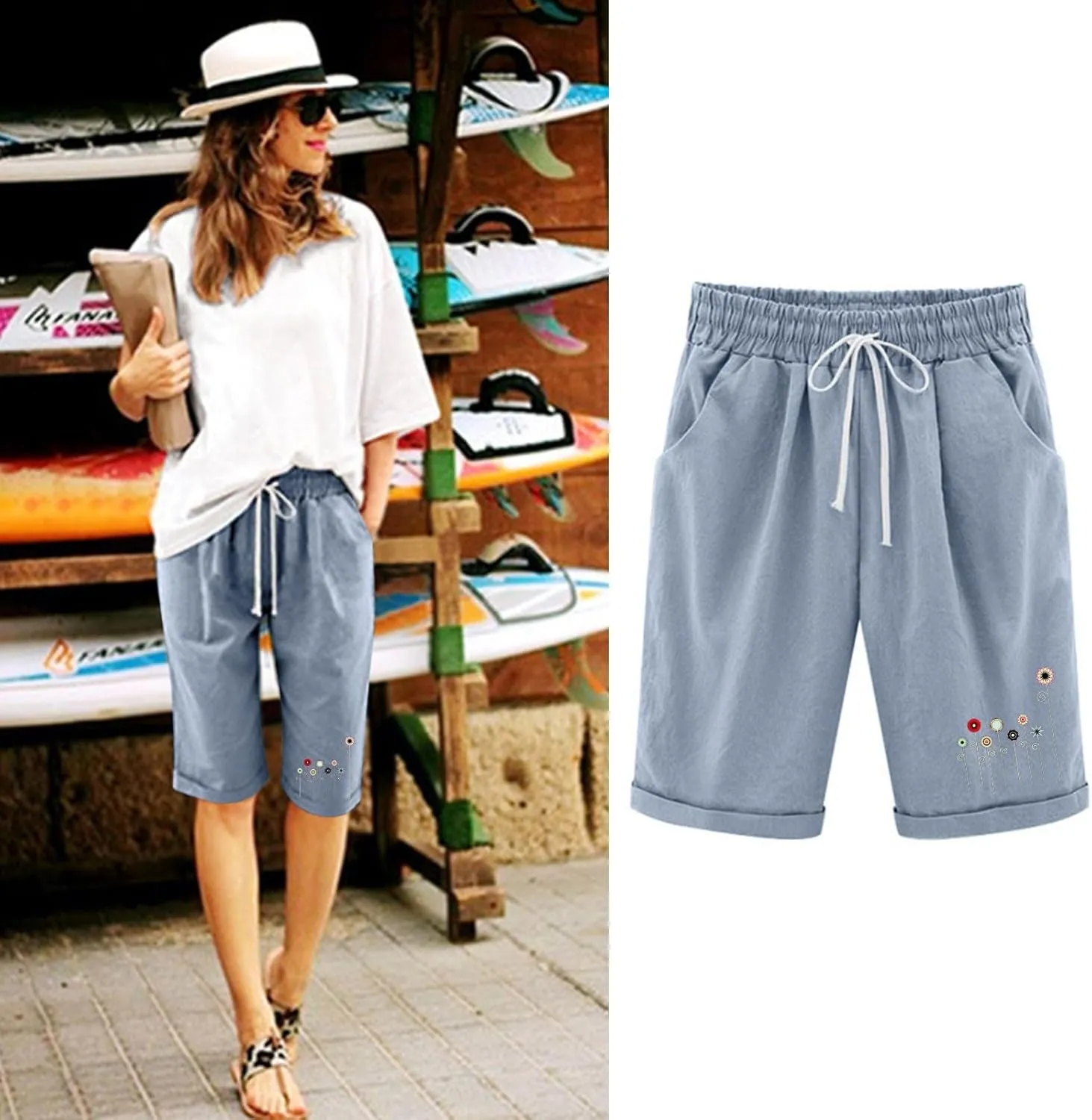 Bermuda Shorts for Women Knee Length Cotton Linen Elastic Waist Drawstring Shorts Summer Capris Pants with Pockets