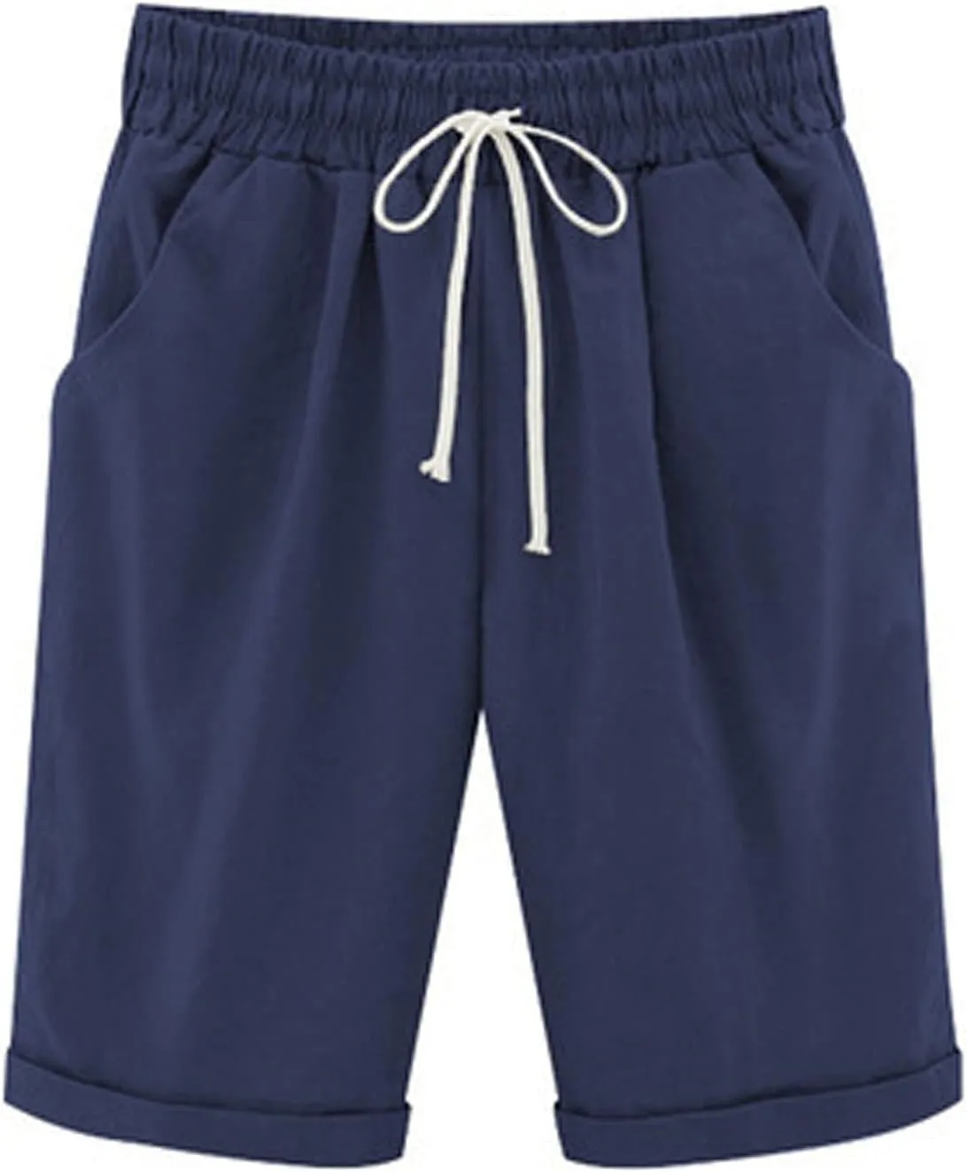 Bermuda Shorts for Women Knee Length Cotton Linen Elastic Waist Drawstring Shorts Summer Capris Pants with Pockets