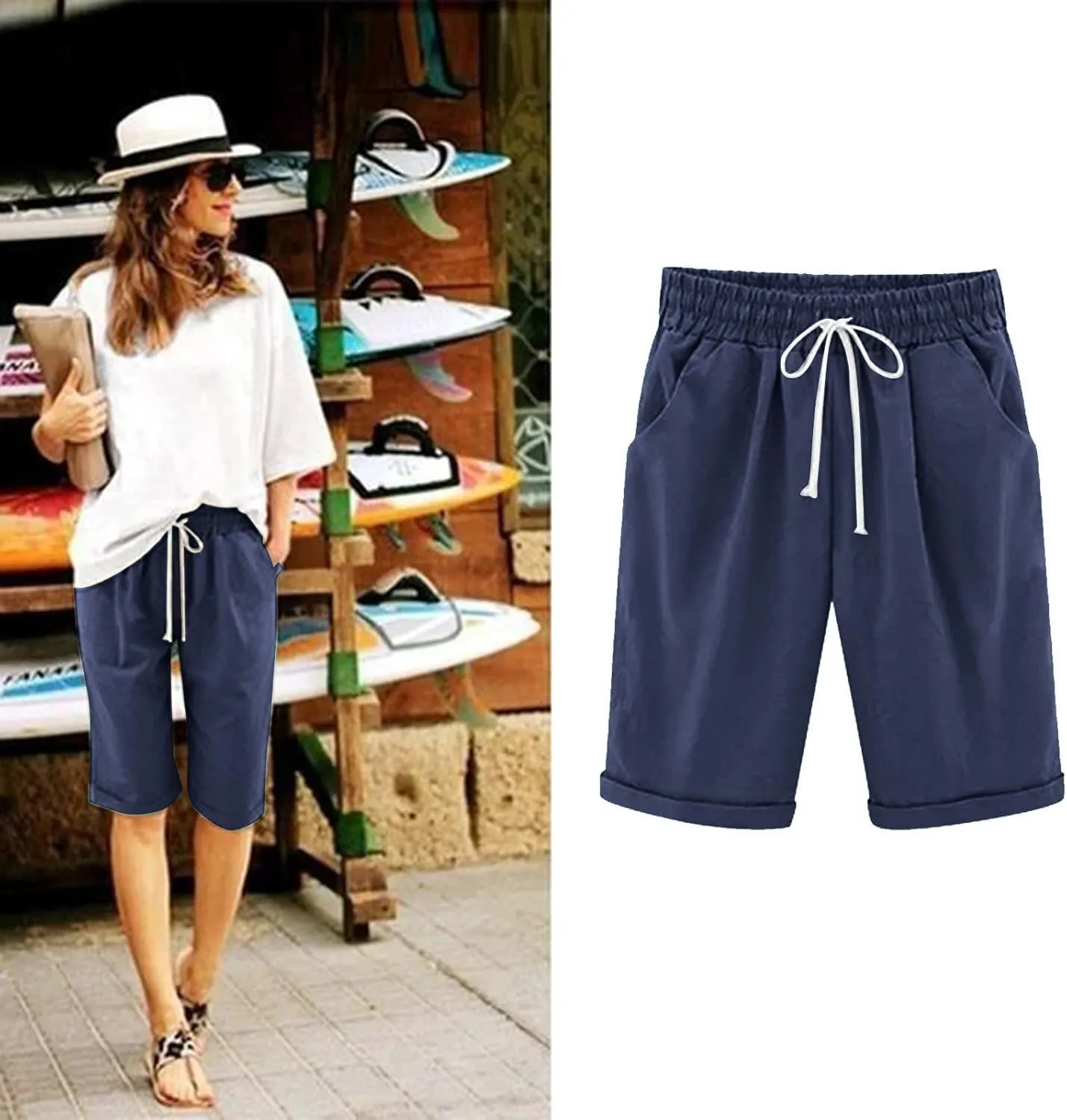 Bermuda Shorts for Women Knee Length Cotton Linen Elastic Waist Drawstring Shorts Summer Capris Pants with Pockets