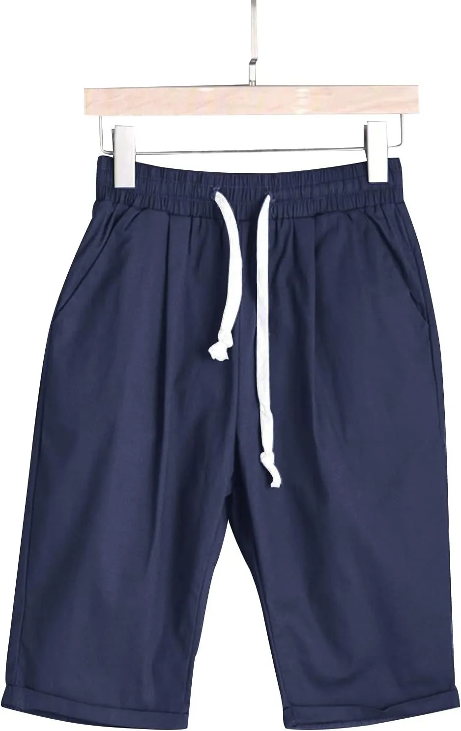 Bermuda Shorts for Women Knee Length Cotton Linen Elastic Waist Drawstring Shorts Summer Capris Pants with Pockets