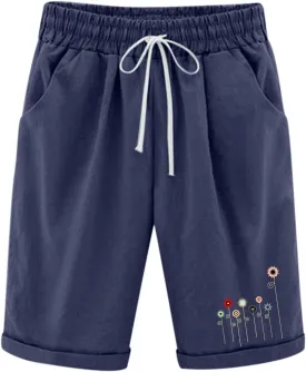 Bermuda Shorts for Women Knee Length Cotton Linen Elastic Waist Drawstring Shorts Summer Capris Pants with Pockets