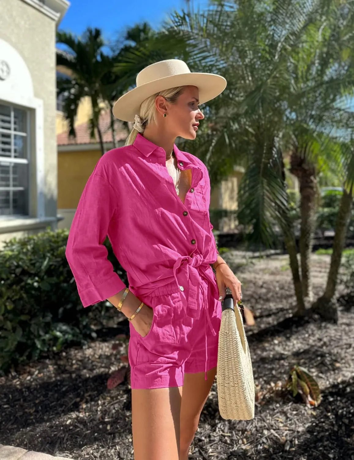 Beyove Women's Cotton Linen Set Casual Tracksuit Button Down 3/4 Sleeve Shirt Drawstring Shorts Pockets 2 Piece Lounge Set