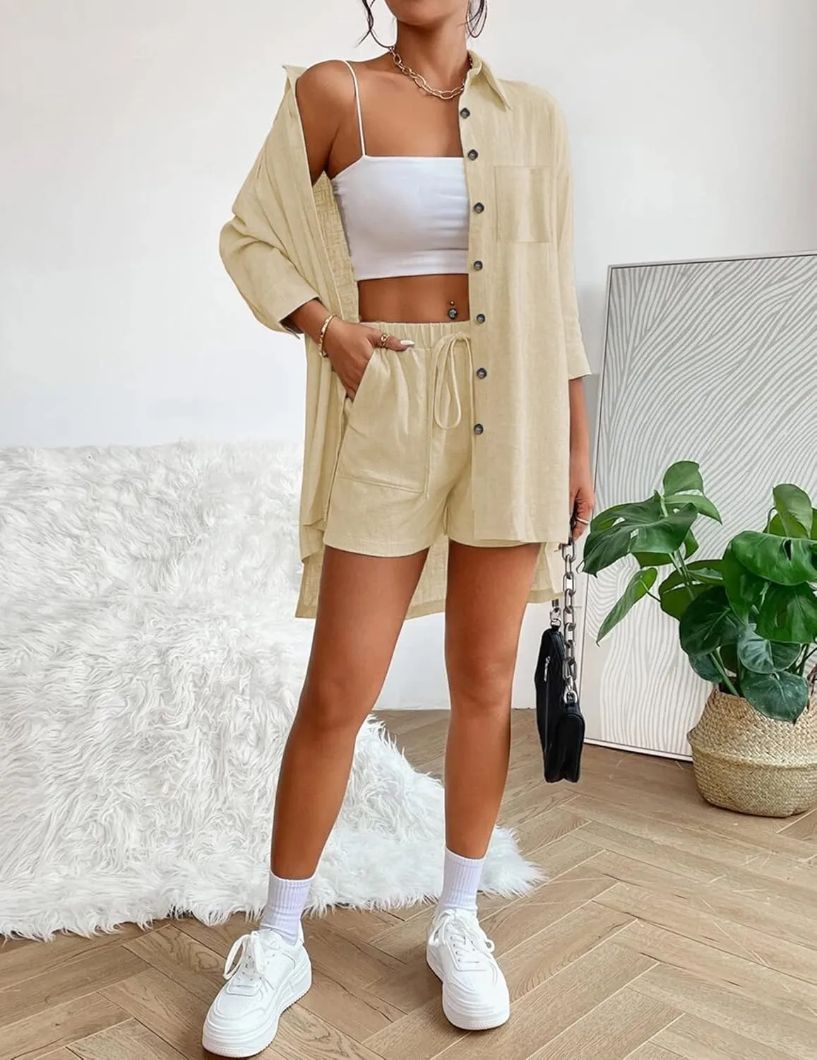 Beyove Women's Cotton Linen Set Casual Tracksuit Button Down 3/4 Sleeve Shirt Drawstring Shorts Pockets 2 Piece Lounge Set