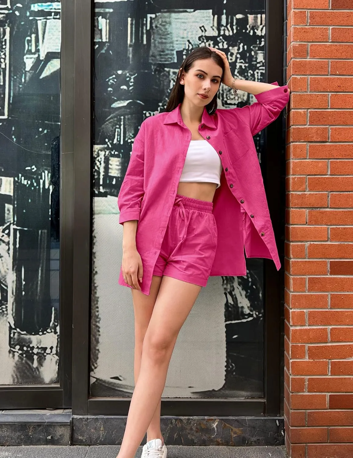Beyove Women's Cotton Linen Set Casual Tracksuit Button Down 3/4 Sleeve Shirt Drawstring Shorts Pockets 2 Piece Lounge Set