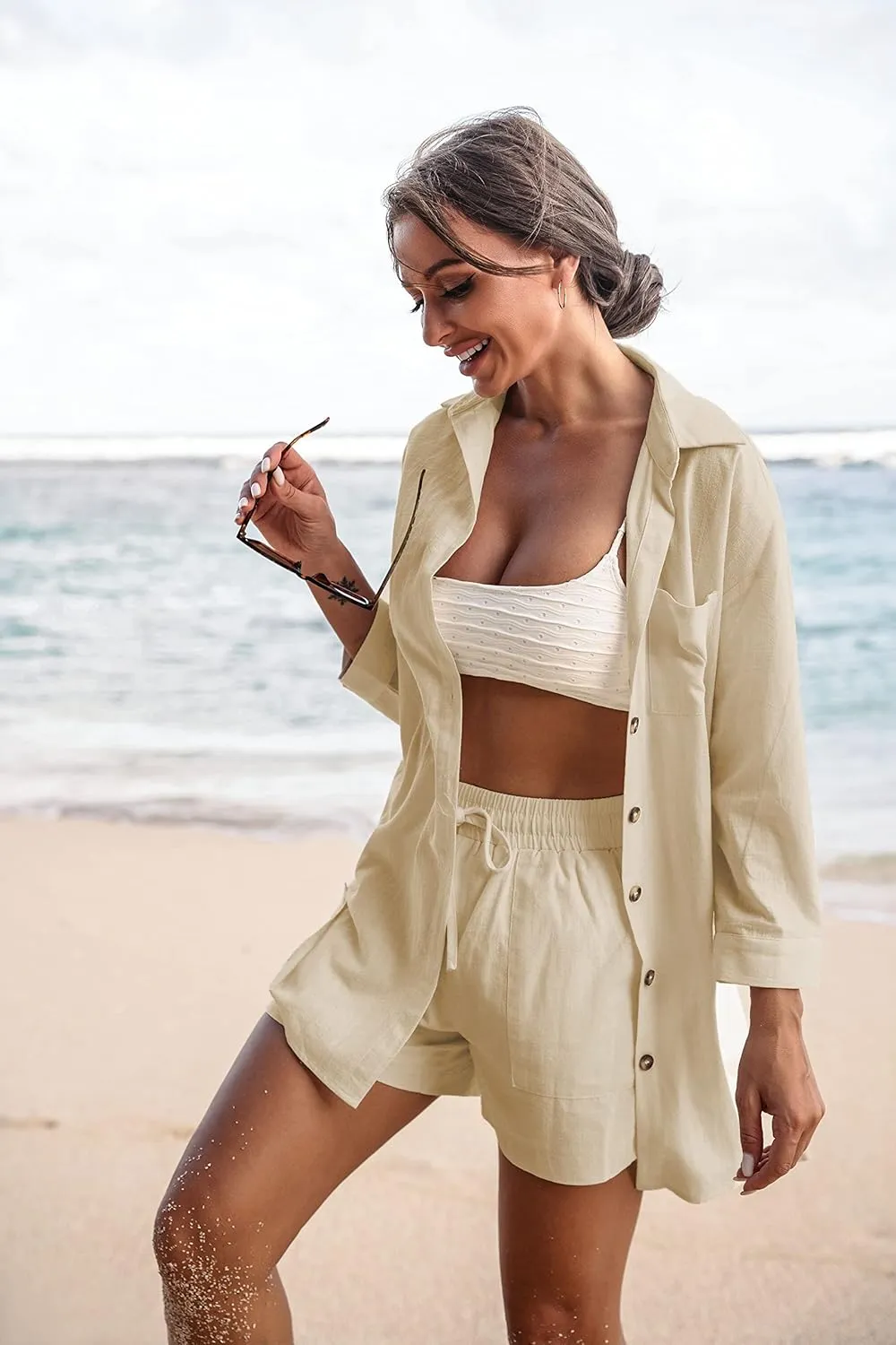 Beyove Women's Cotton Linen Set Casual Tracksuit Button Down 3/4 Sleeve Shirt Drawstring Shorts Pockets 2 Piece Lounge Set