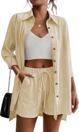 Beyove Women's Cotton Linen Set Casual Tracksuit Button Down 3/4 Sleeve Shirt Drawstring Shorts Pockets 2 Piece Lounge Set