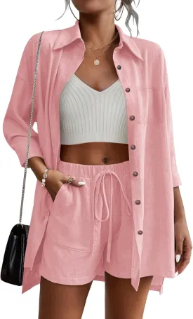 Beyove Women's Cotton Linen Set Casual Tracksuit Button Down 3/4 Sleeve Shirt Drawstring Shorts Pockets 2 Piece Lounge Set