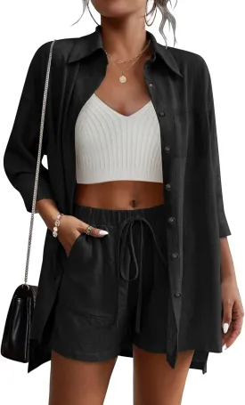 Beyove Women's Cotton Linen Set Casual Tracksuit Button Down 3/4 Sleeve Shirt Drawstring Shorts Pockets 2 Piece Lounge Set