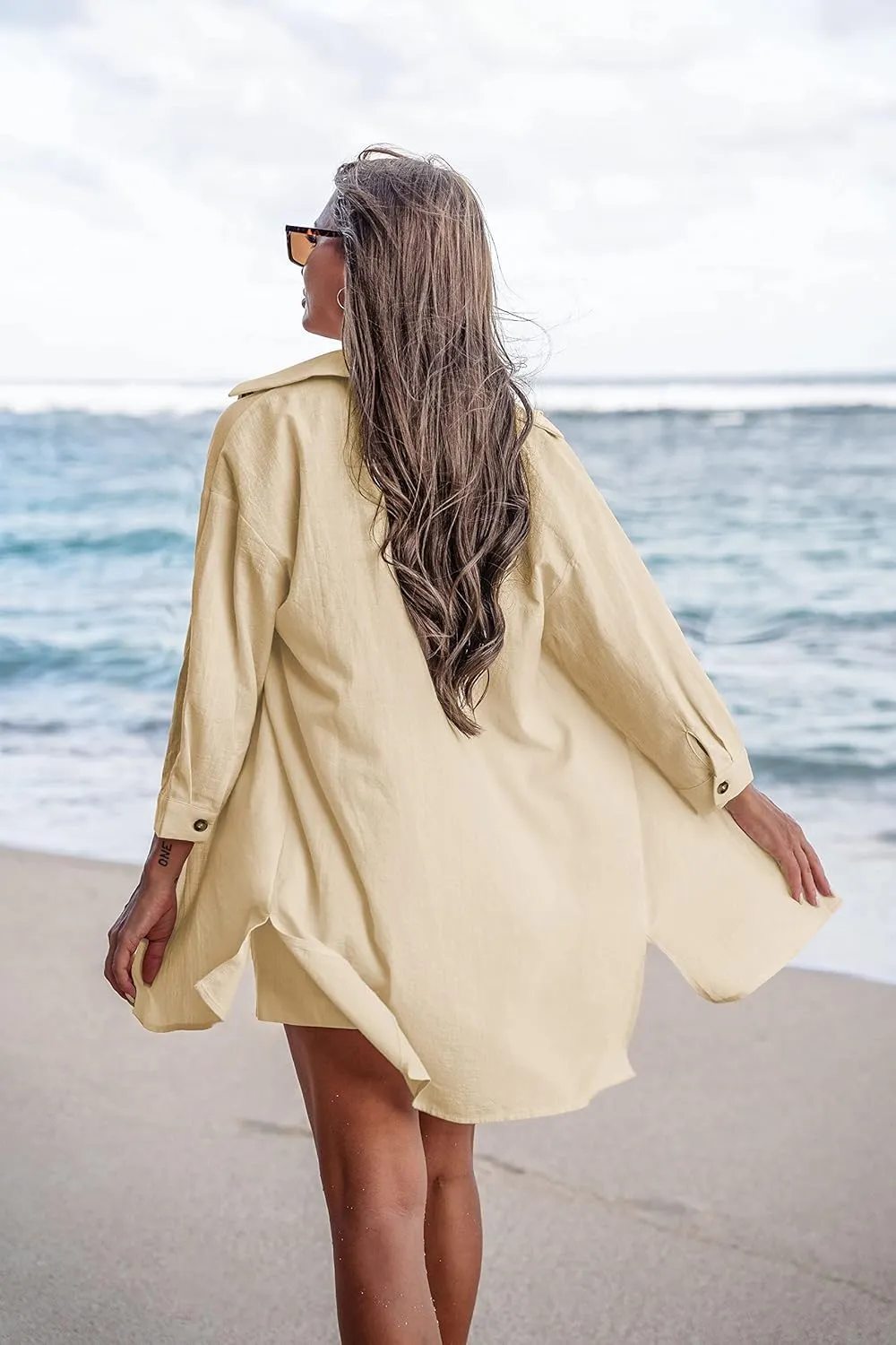 Beyove Women's Cotton Linen Set Casual Tracksuit Button Down 3/4 Sleeve Shirt Drawstring Shorts Pockets 2 Piece Lounge Set