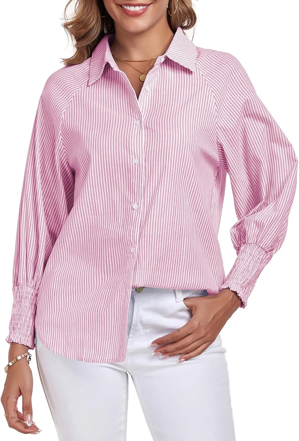 Button Down Shirts Striped Puff Long Sleeve Oversized Blouses Boyfriend Loose Tunics Collar Top