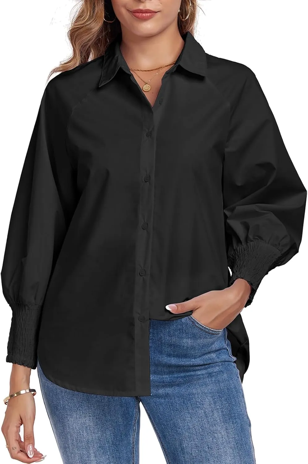 Button Down Shirts Striped Puff Long Sleeve Oversized Blouses Boyfriend Loose Tunics Collar Top