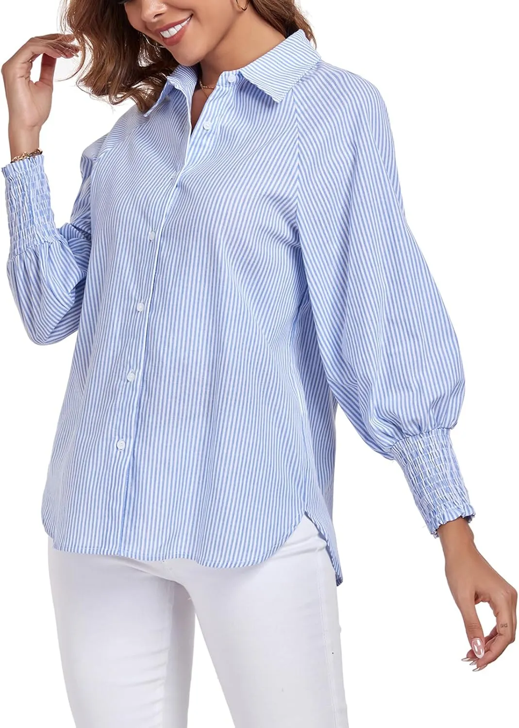 Button Down Shirts Striped Puff Long Sleeve Oversized Blouses Boyfriend Loose Tunics Collar Top