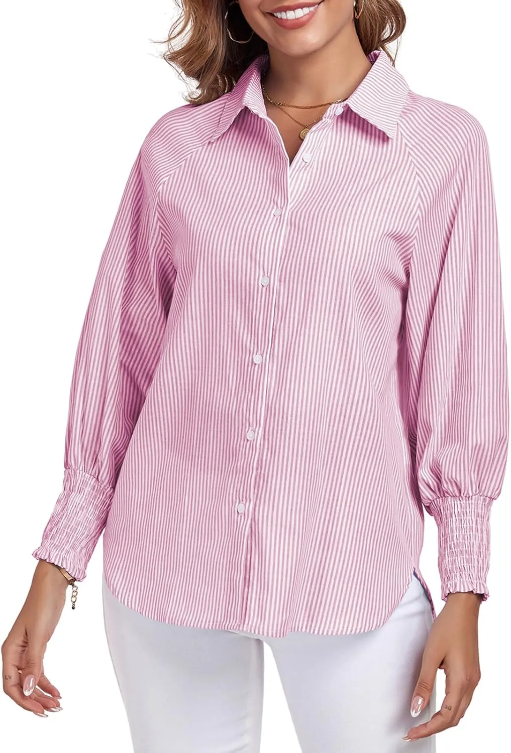 Button Down Shirts Striped Puff Long Sleeve Oversized Blouses Boyfriend Loose Tunics Collar Top