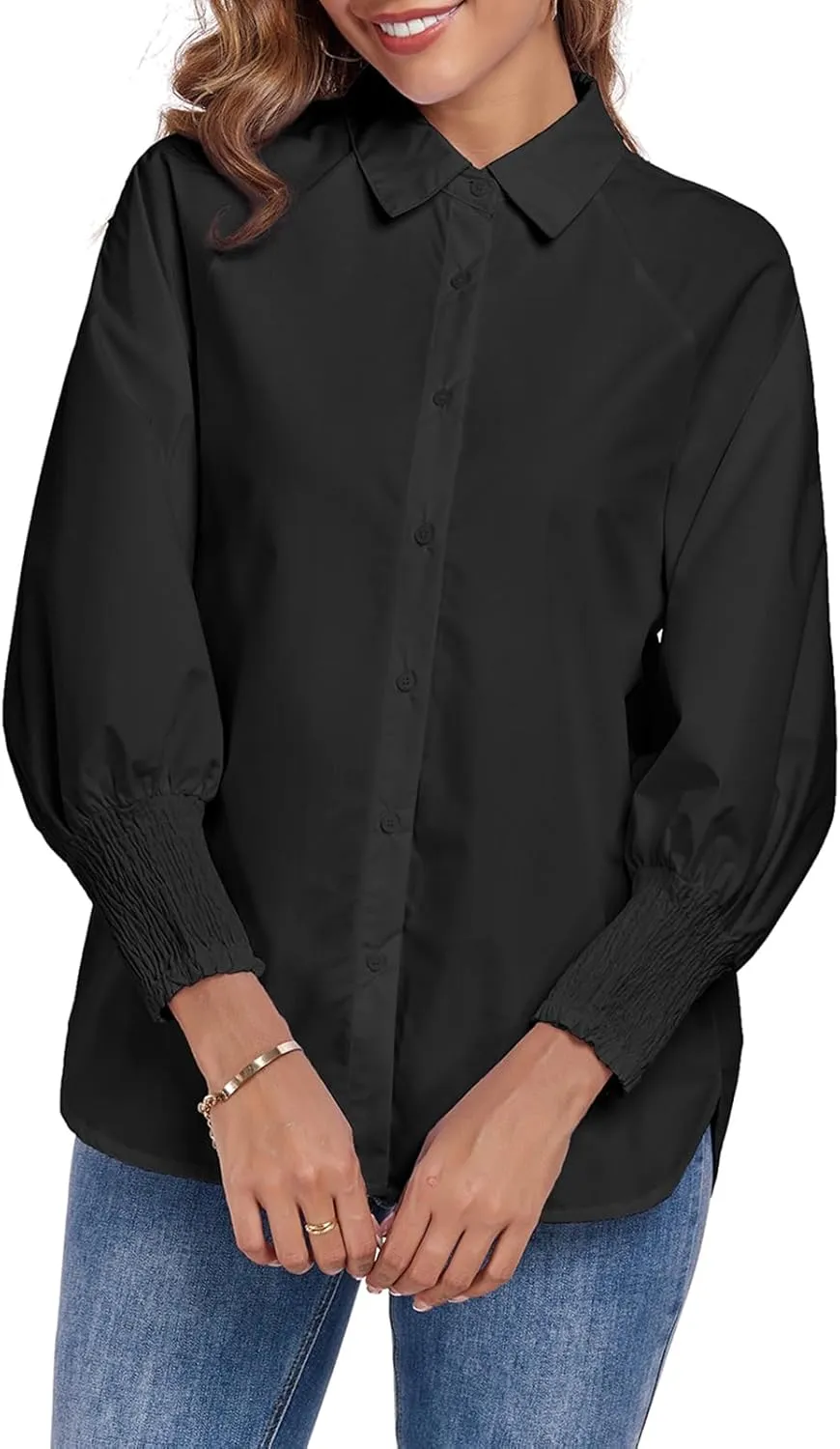 Button Down Shirts Striped Puff Long Sleeve Oversized Blouses Boyfriend Loose Tunics Collar Top