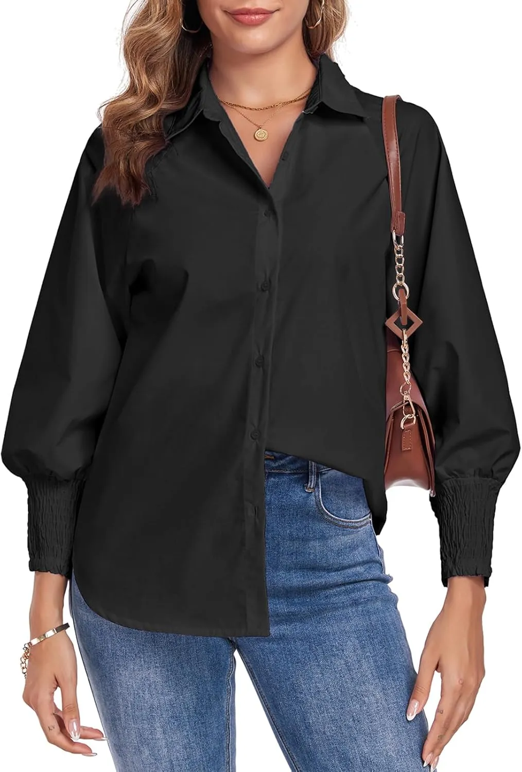 Button Down Shirts Striped Puff Long Sleeve Oversized Blouses Boyfriend Loose Tunics Collar Top