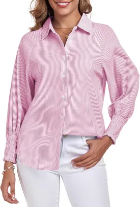 Button Down Shirts Striped Puff Long Sleeve Oversized Blouses Boyfriend Loose Tunics Collar Top