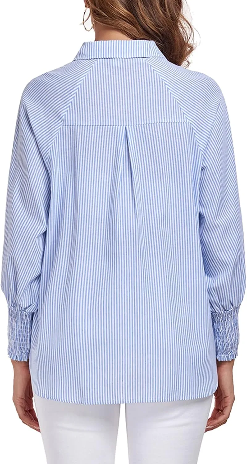 Button Down Shirts Striped Puff Long Sleeve Oversized Blouses Boyfriend Loose Tunics Collar Top