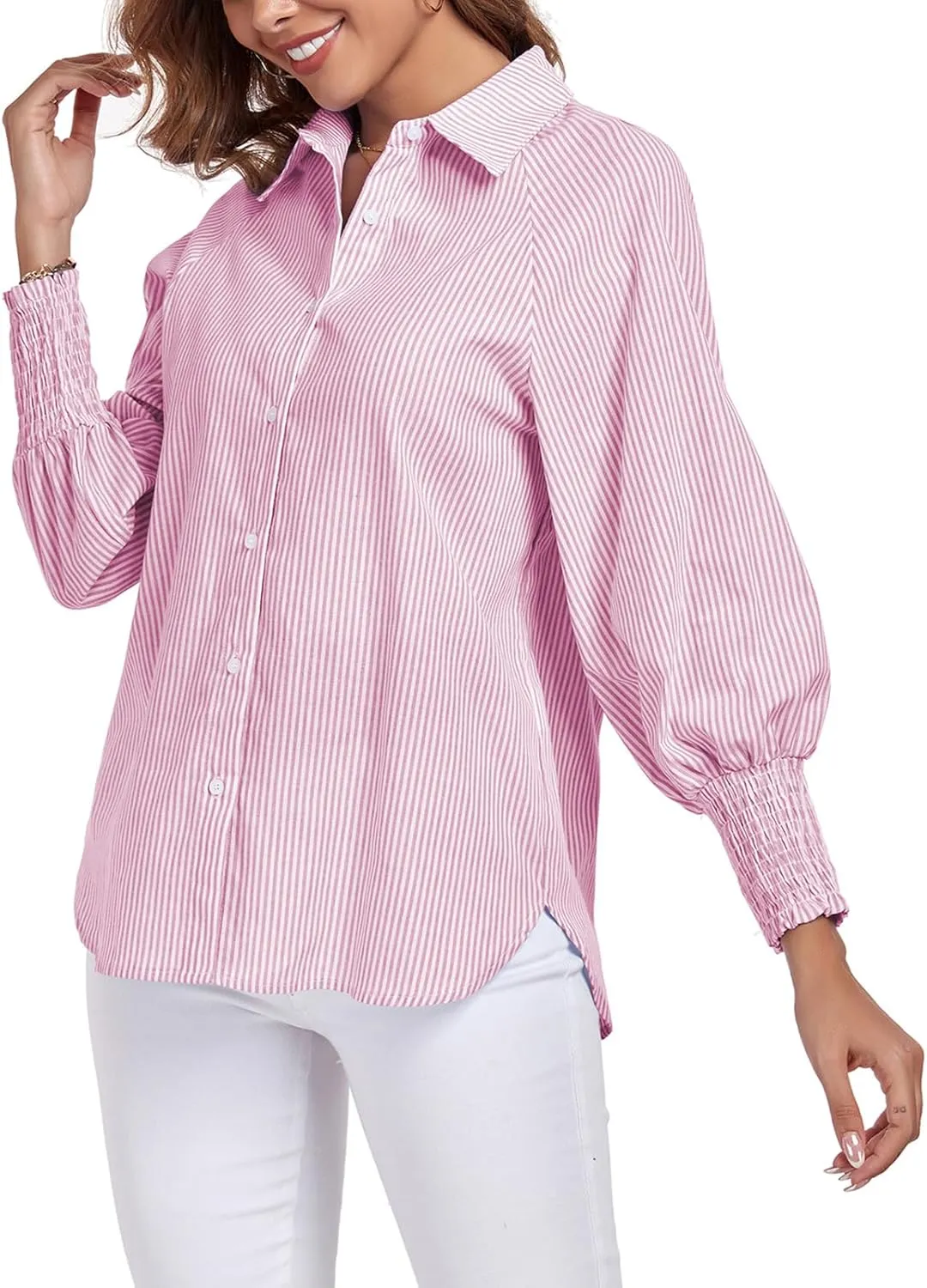 Button Down Shirts Striped Puff Long Sleeve Oversized Blouses Boyfriend Loose Tunics Collar Top