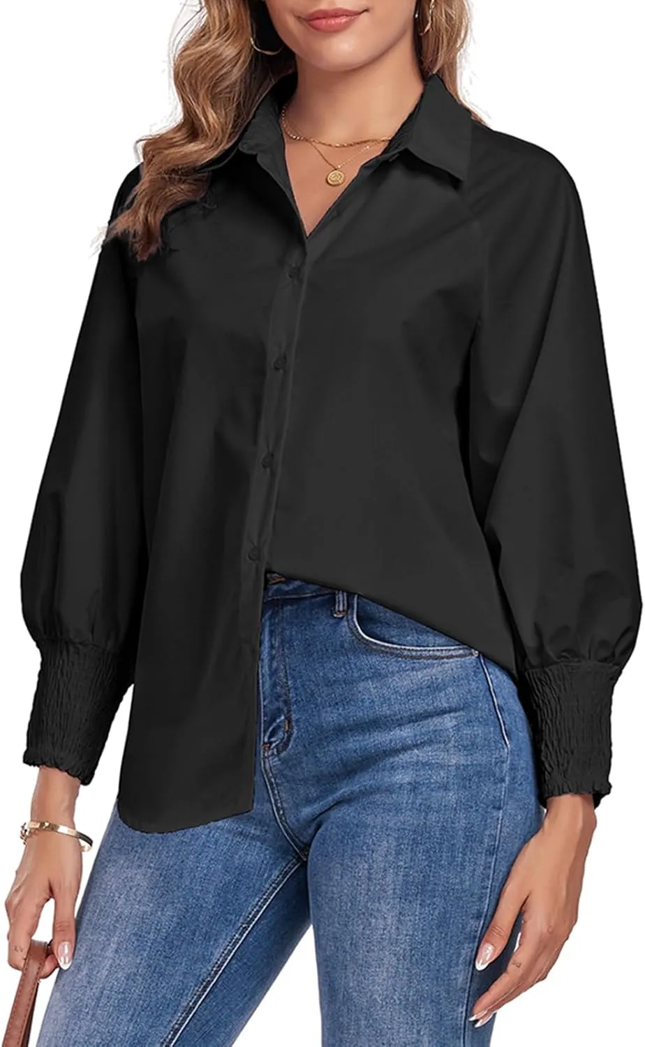 Button Down Shirts Striped Puff Long Sleeve Oversized Blouses Boyfriend Loose Tunics Collar Top