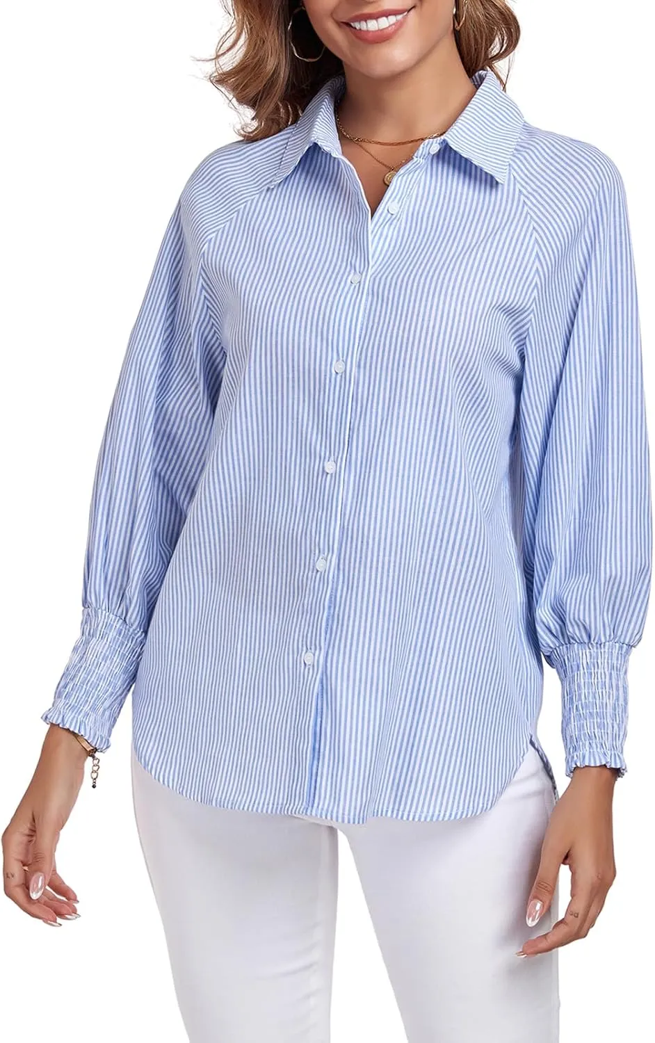 Button Down Shirts Striped Puff Long Sleeve Oversized Blouses Boyfriend Loose Tunics Collar Top