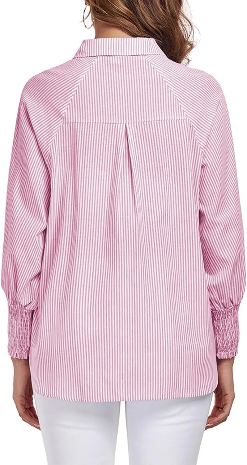 Button Down Shirts Striped Puff Long Sleeve Oversized Blouses Boyfriend Loose Tunics Collar Top