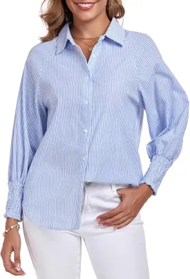 Button Down Shirts Striped Puff Long Sleeve Oversized Blouses Boyfriend Loose Tunics Collar Top