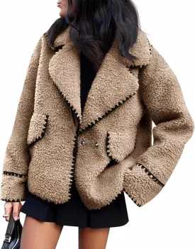 Cicy Bell Womens Sherpa Fleece Jacket Casual Collar V Neck Fuzzy Coats Contrast Trims Open Front Winter Outwear