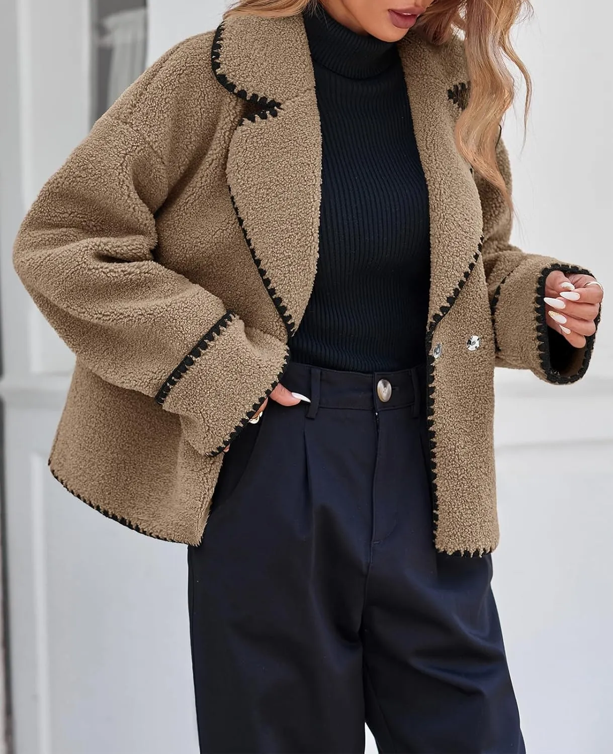 Cicy Bell Womens Sherpa Fleece Jacket Casual Collar V Neck Fuzzy Coats Contrast Trims Open Front Winter Outwear