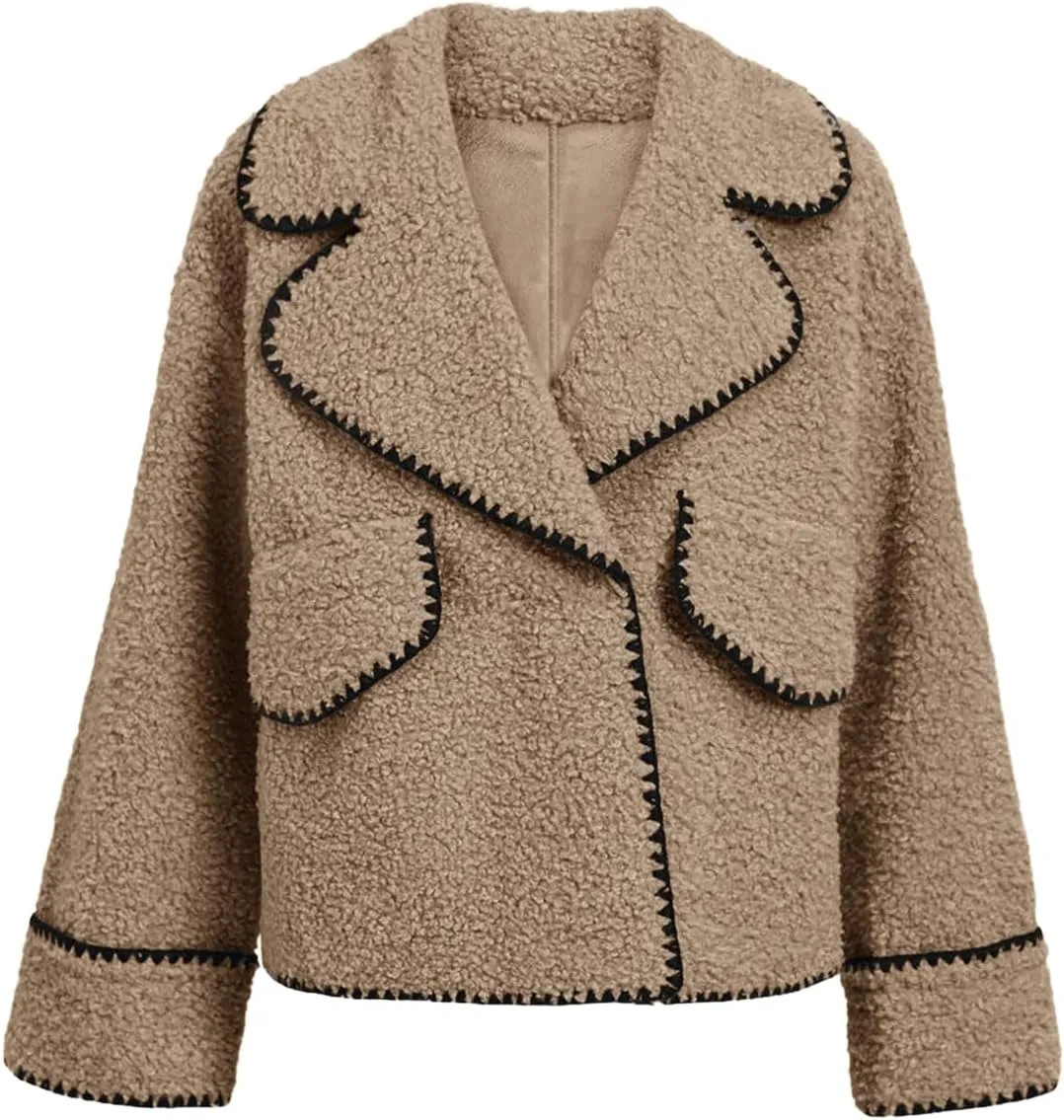 Cicy Bell Womens Sherpa Fleece Jacket Casual Collar V Neck Fuzzy Coats Contrast Trims Open Front Winter Outwear