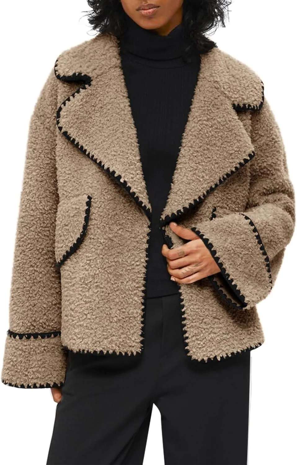 Cicy Bell Womens Sherpa Fleece Jacket Casual Collar V Neck Fuzzy Coats Contrast Trims Open Front Winter Outwear