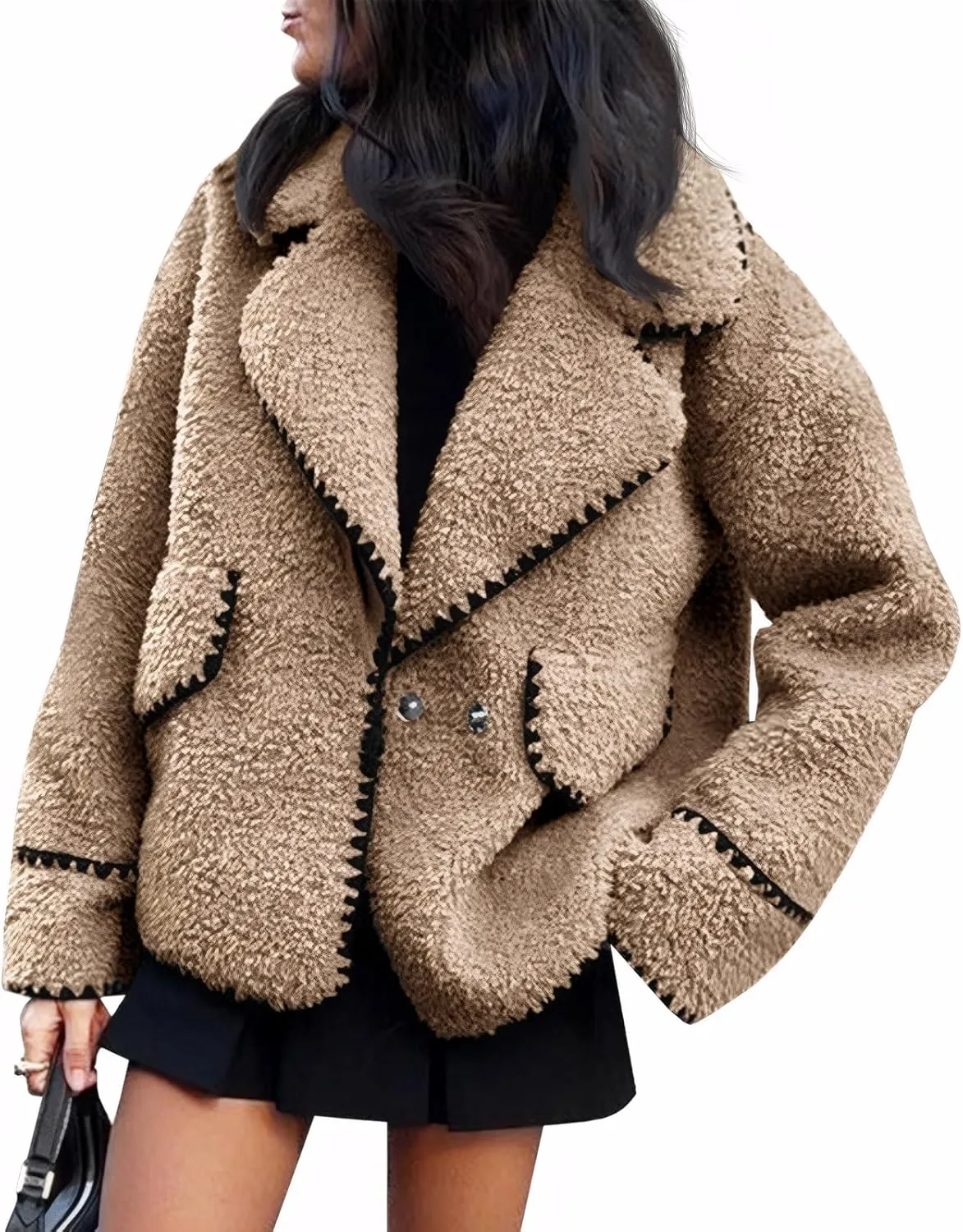 Cicy Bell Womens Sherpa Fleece Jacket Casual Collar V Neck Fuzzy Coats Contrast Trims Open Front Winter Outwear
