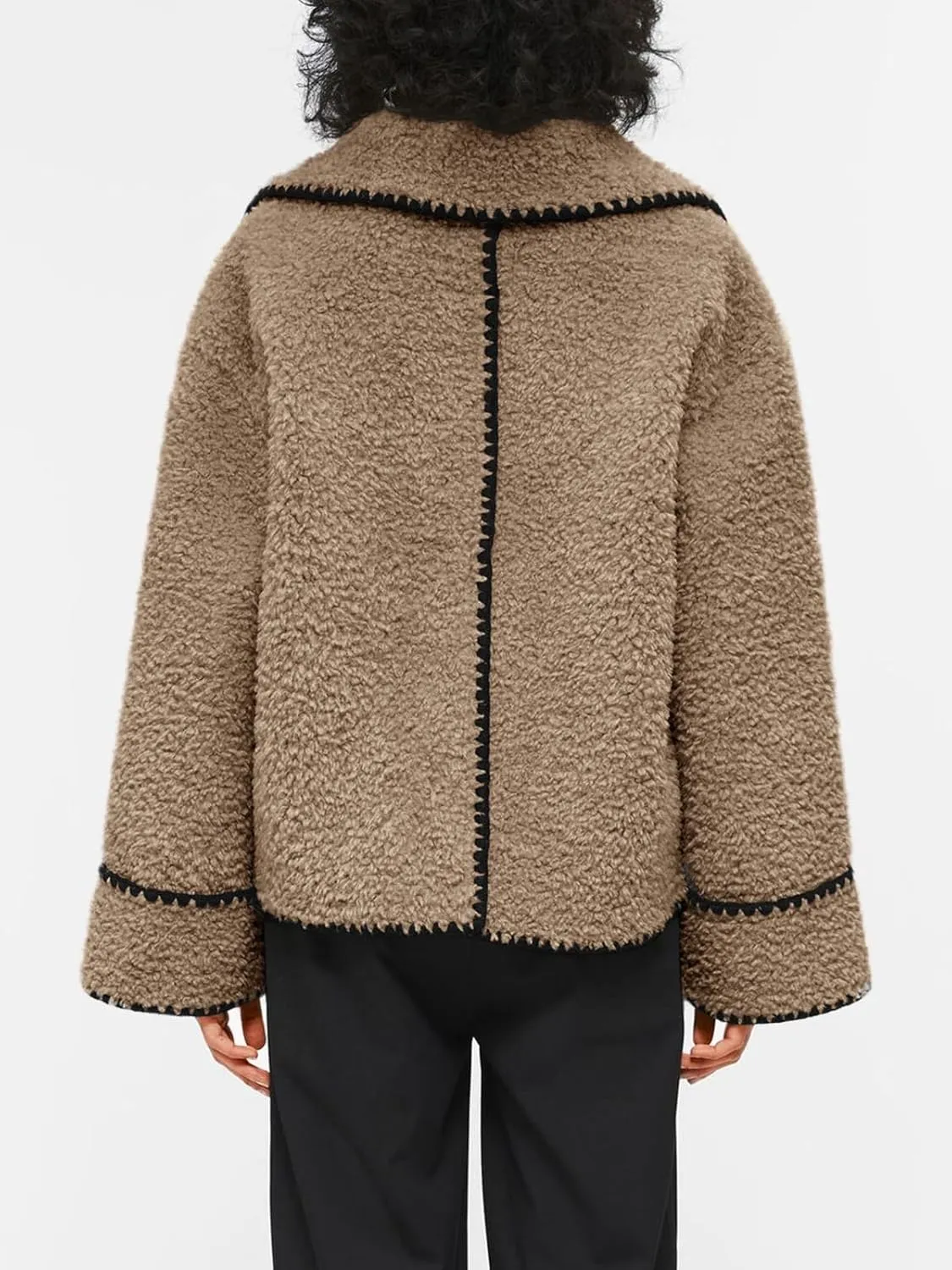 Cicy Bell Womens Sherpa Fleece Jacket Casual Collar V Neck Fuzzy Coats Contrast Trims Open Front Winter Outwear