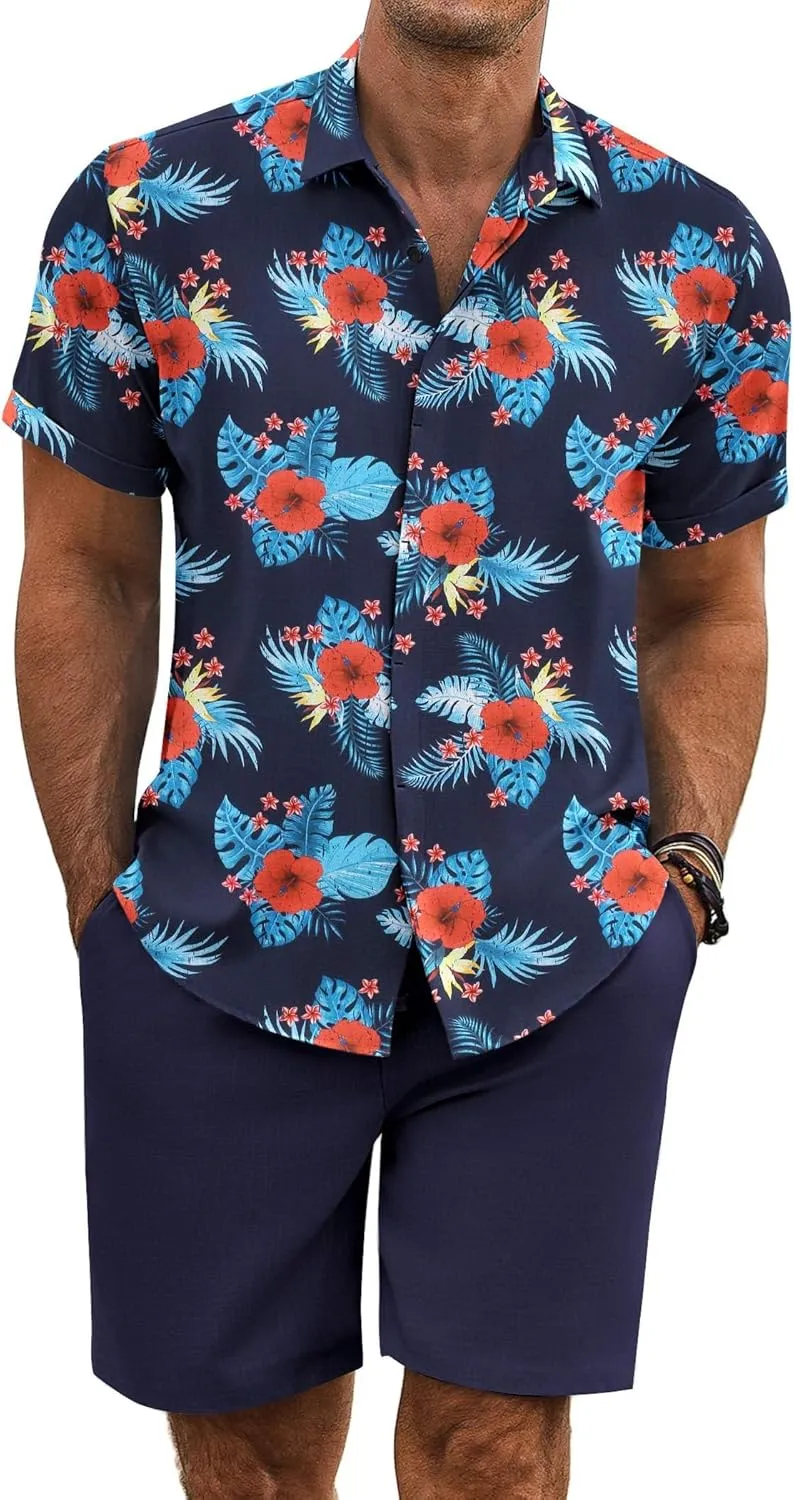 COOFANDY Men's Summer Beach Outfits 2 Piece Short Sleeve Shirts and Shorts Vacation Texture Linen Sets for Men
